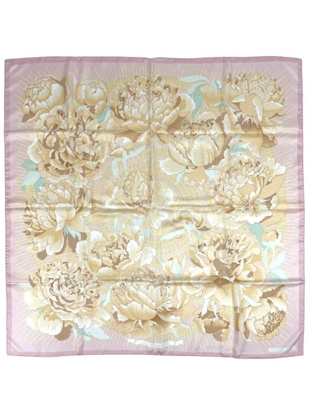 Hermes Carre 90 les Pivoines Scarf Peony Floral Pattern Flower Silk Light Pink